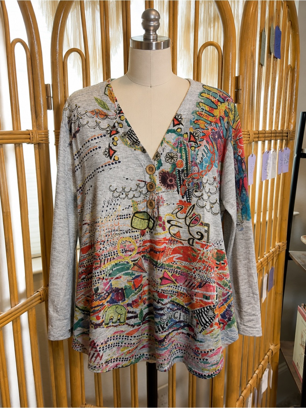 Inoah Women’s Colorful Multicolor Boho Button Front Long Sleeve Top